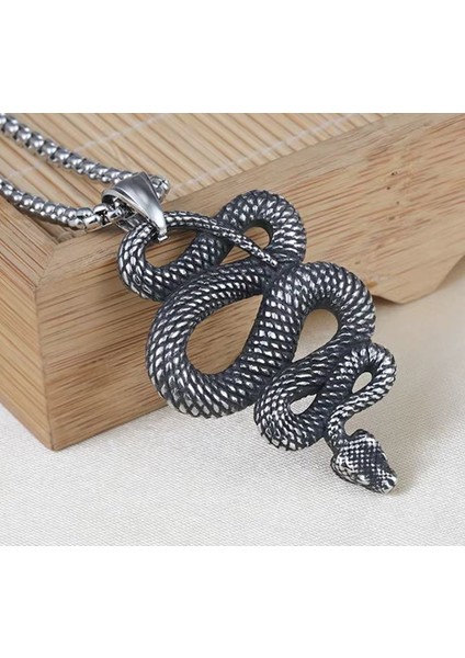 Voyageaccessory Antik Eskitme Paslanmaz Çelik Şifa Simgesi Yılan Kolye / 60 cm Zincirli modelleri