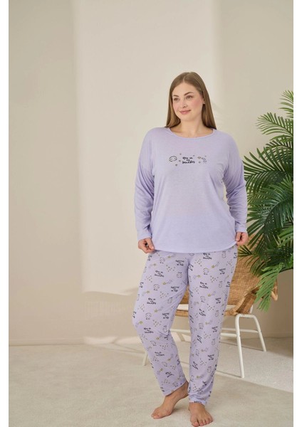 Büyük Beden Viskon Kumaş Uzun Kollu Lila Pijama Takımı -7330