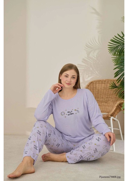 Büyük Beden Viskon Kumaş Uzun Kollu Lila Pijama Takımı -7330 fiyatları