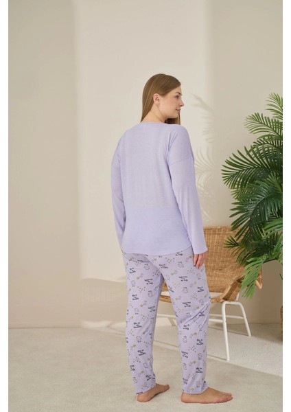 Büyük Beden Viskon Kumaş Uzun Kollu Lila Pijama Takımı -7330 modelleri