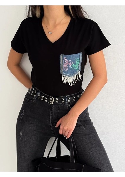 V Yaka Denim Kot Cepli Pul Payet Işlemeli Püsküllü Yeni Sezon %100 Pamuk Tişört