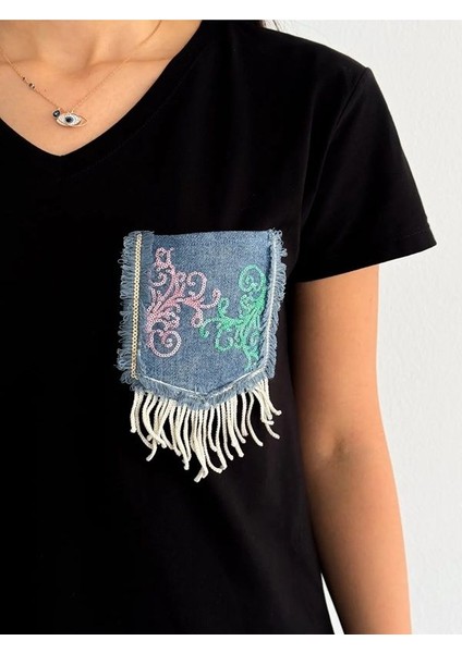 V Yaka Denim Kot Cepli Pul Payet Işlemeli Püsküllü Yeni Sezon %100 Pamuk Tişört fiyatları