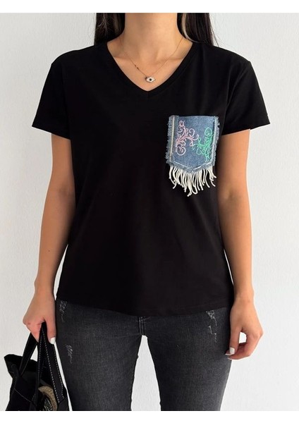 V Yaka Denim Kot Cepli Pul Payet Işlemeli Püsküllü Yeni Sezon %100 Pamuk Tişört modelleri