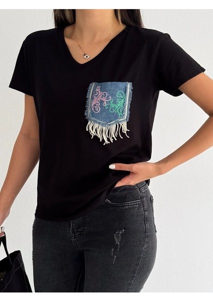 V Yaka Denim Kot Cepli Pul Payet Işlemeli Püsküllü Yeni Sezon %100 Pamuk Tişört fırsatları