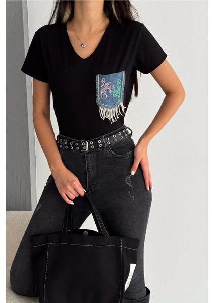 V Yaka Denim Kot Cepli Pul Payet Işlemeli Püsküllü Yeni Sezon %100 Pamuk Tişört indirimleri