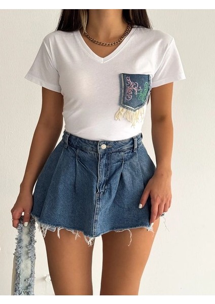 V Yaka Denim Kot Cepli Pul Payet Işlemeli Püsküllü Yeni Sezon %100 Pamuk Tişört
