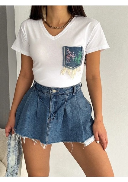 V Yaka Denim Kot Cepli Pul Payet Işlemeli Püsküllü Yeni Sezon %100 Pamuk Tişört