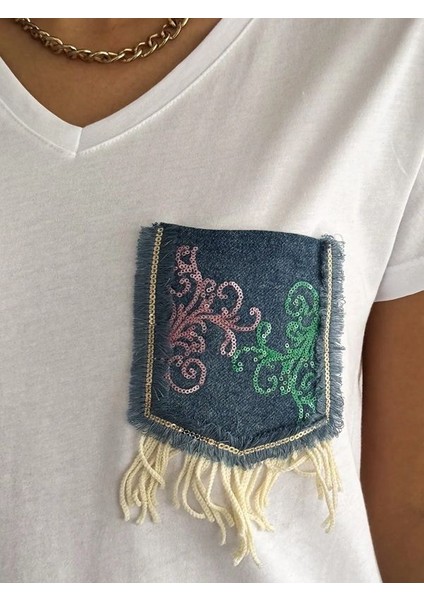 V Yaka Denim Kot Cepli Pul Payet Işlemeli Püsküllü Yeni Sezon %100 Pamuk Tişört