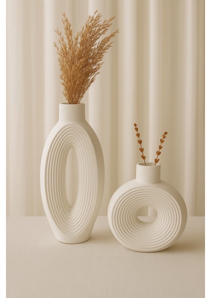 Dekoratif Çizgilli (30 cm ) Beyaz Vazo 2'li Set