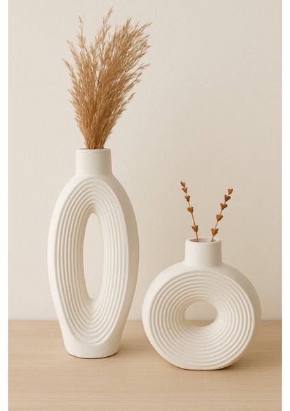 Dekoratif Çizgilli (30 cm ) Beyaz Vazo 2'li Set fiyatları