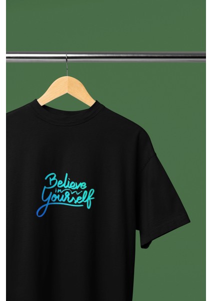 Believe In Yourself Baskılı Bisiklet Yaka Oversize Pamuklu Erkek Tişört