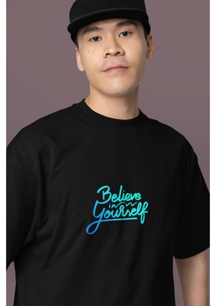 Believe In Yourself Baskılı Bisiklet Yaka Oversize Pamuklu Erkek Tişört fiyatları