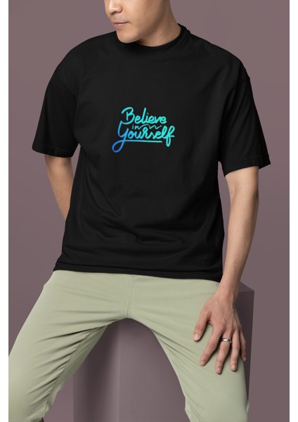 Believe In Yourself Baskılı Bisiklet Yaka Oversize Pamuklu Erkek Tişört