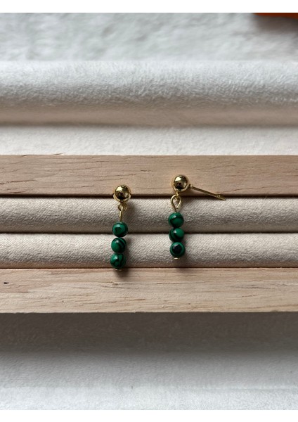 Minimal Malahit Taşı Altın Kaplama Top Küpe