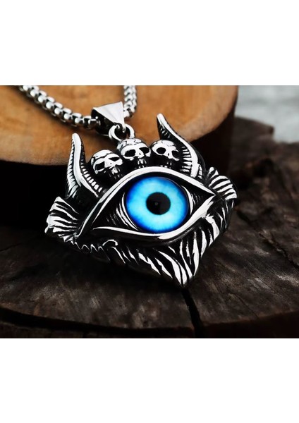 Voyageaccessory Paslanmaz Çelik Kurukafa Detaylı Evil Eye Mavi Göz Kolye / 65 cm Zincirli
