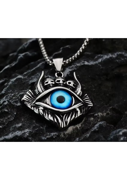 Voyageaccessory Paslanmaz Çelik Kurukafa Detaylı Evil Eye Mavi Göz Kolye / 65 cm Zincirli fiyatları