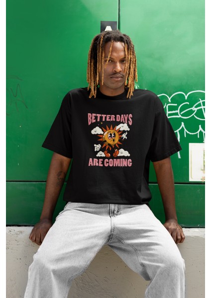 Better Days Baskılı Bisiklet Yaka Pamuklu Oversize Tişört