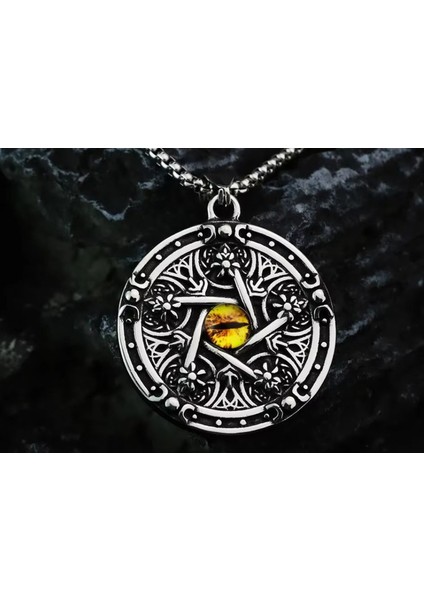 Voyageaccessory Paslanmaz Çelik Çift Taraflı Kullanım Pentagram Kolye / 65 cm Zincirli - Pentagram Yıldızı Kolye
