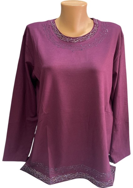 Rahat Kesim Inci Taş Işlemeli Anne Kadın Penye Bluz