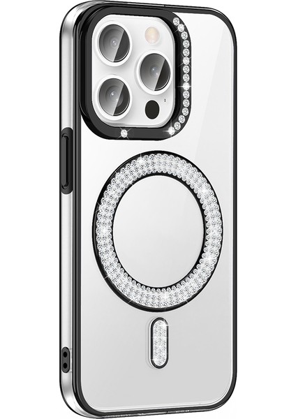 Apple iPhone 14 Pro Max Kılıf Pırlanta Taş Tasarımlı Kablosuz Şarj Özellikli Karetta Silikon Kapak