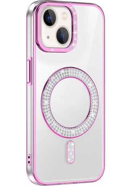 Apple iPhone 13 Kılıf Pırlanta Taş Tasarımlı Kablosuz Şarj Özellikli Karetta Silikon Kapak