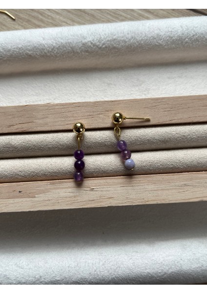 Minimal Mor Akik Taşı Altın Kaplama Top Küpe