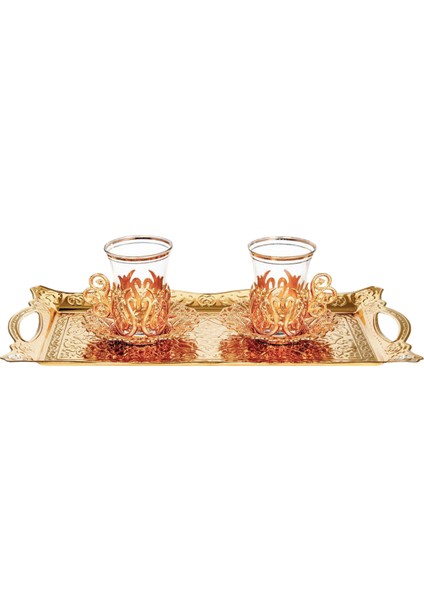 İkili Osmanlı Lale Dekorlu Gold Kuplu Çay Bardağı, Çay Kaşığı & Tepsili