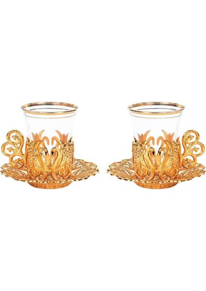 İkili Osmanlı Lale Dekorlu Gold Kuplu Çay Bardağı, Çay Kaşığı & Tepsili fiyatları