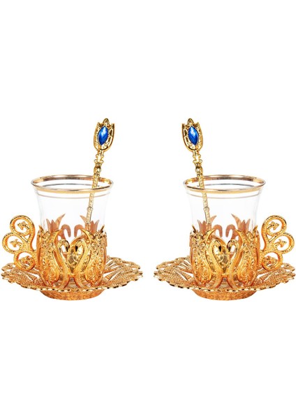 İkili Osmanlı Lale Dekorlu Gold Kuplu Çay Bardağı, Çay Kaşığı & Tepsili modelleri
