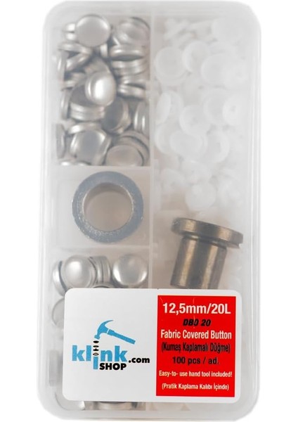 Kaplamalı Düğme 20 Boy 12,50 mm Kendin Yap Kiti, Gömlek,elbise ve Giyim Için Çekiçle Uygulama Aparatları ve 100 Adet Kapsol Düğme Takım