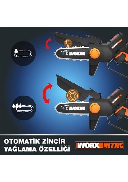 WG325E 20 Volt 2.0 Ah Li-Ion 12 cm Profesyonel Şarjlı Kömürsüz Zincirli Testere