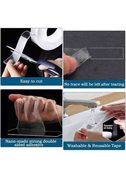 2 Metre Su Sızdırmaz Çift Taraflı Şeffaf Bant LTS-BND06 (Uzunluk 2m, GENIŞLIK:30MM, Kalınlık:1mm) Ekstra Güçlü Yıkanabilir Ince Nano Bant, Halı, Ev, Mutfak, Banyo, Araba Veya Ofis modelleri