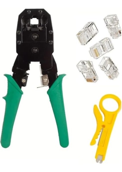 RJ11 Rj9 Jack Telefon Data Kablosu Sıkma Çakma Pensesi + Kablo Soyucusu +100 Adet RJ45 Jack Set