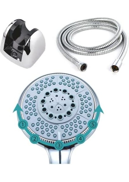 Huge 5 Fonksiyonlu Büyük Başlı Duş Seti - Yüksek Kaliteli Abs Krom Kaplı G1/2 Uyumlu (Huge Duş Başlığı + Mafsal + Spiral Hortum (150CM))