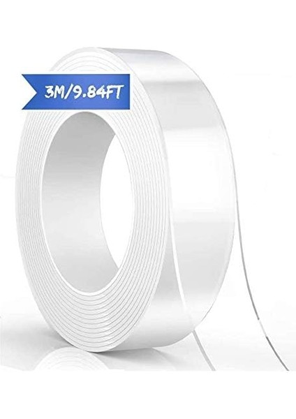 Yıkanabilir, Iz Bırakmayan, Çift Taraflı, Yapışkan, Şeffaf Nano Bant, Ekstra Güçlü, Kalıntı Bırakmaz, Çıkarılabilir ve Tekrar Kullanılabilir, Halı Sabitlemesi Için, Duvar Dekorasyonu, 1 Rulo, 3 Metre
