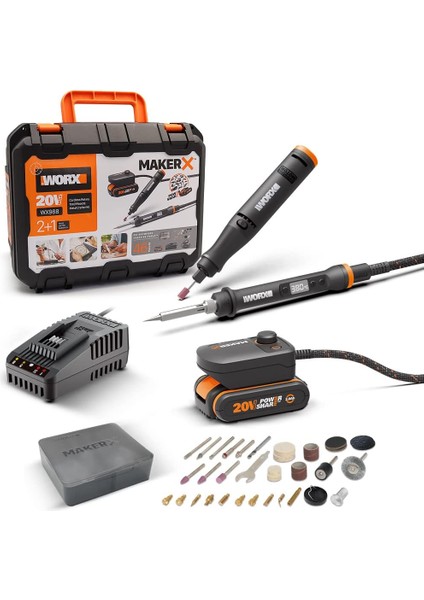 WX988 Makerx 20V 2.0AH Kömürsüz Profesyonel Kalem Tipi Devir Ayarlı Gravür Seti + Kalem Tipi Dijital Lehim ve Ahşap Yakma Seti + 46 Parça Aksesuar