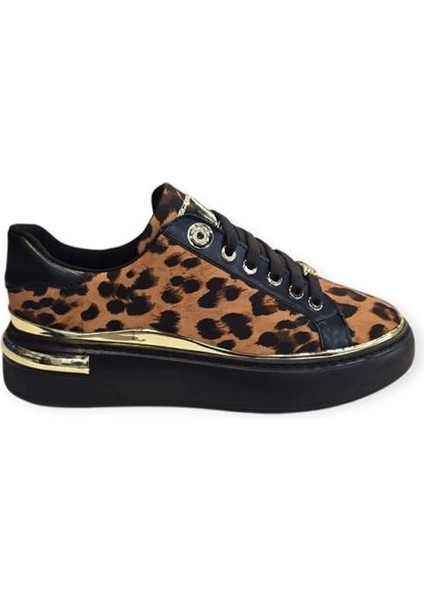 K732510 Yüksek Taban Leopar Desenli Kadın Sneaker Siyah Leopar