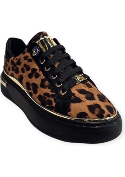 K732510 Yüksek Taban Leopar Desenli Kadın Sneaker Siyah Leopar