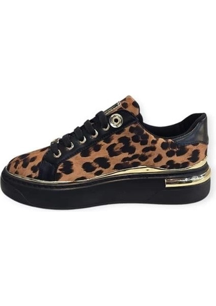 K732510 Yüksek Taban Leopar Desenli Kadın Sneaker Siyah Leopar