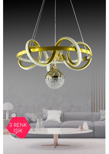 Gold Çemberli Kıvrım 3 Renk Ledli Salon Avizesi