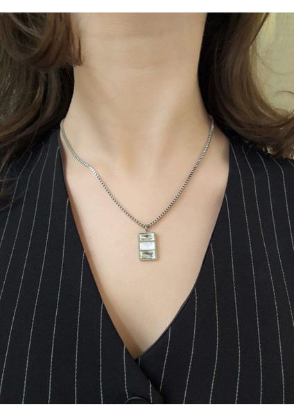316L Çelik Gümüş Silver Renk Baget Pırlanta Taşlı Örme Zincirli Şık Kadın Kolye