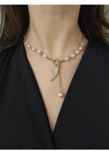 316L Çelik Gold Renk Dorika Model Incili Trend Melek Kanadı 45 cm Kadın Kolye