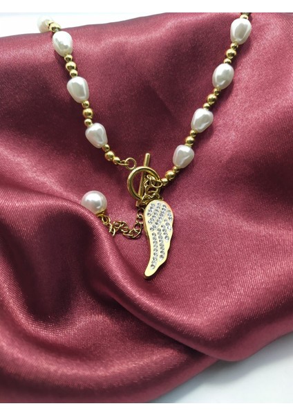 316L Çelik Gold Renk Dorika Model Incili Trend Melek Kanadı 45 cm Kadın Kolye fiyatları