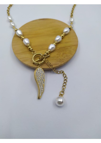 316L Çelik Gold Renk Dorika Model Incili Trend Melek Kanadı 45 cm Kadın Kolye modelleri