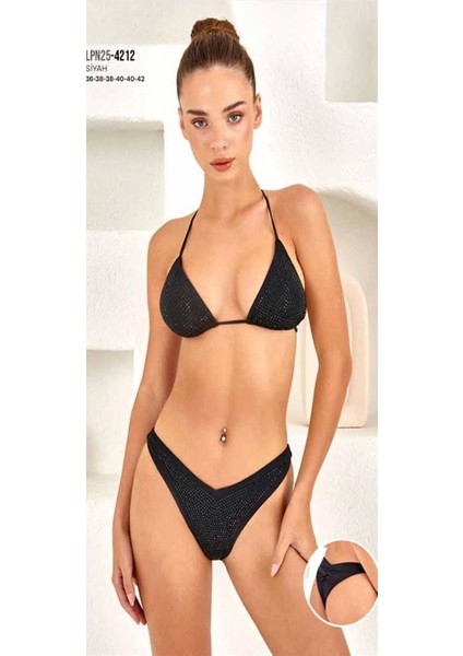 254212 Taş Baskılı Brazillian Kesim Üçgen Bikini Takımı Siyah