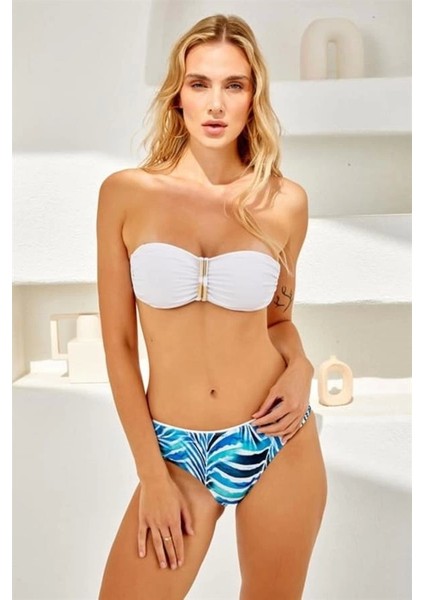 254217 Biye Detaylı Soft Straplez Bikini Takımı Mavi