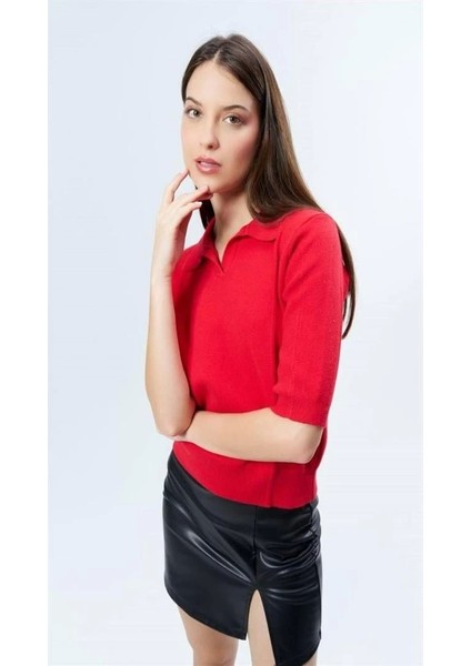 Yarım Kollu Yün Polo Yaka Kadın Bluz
