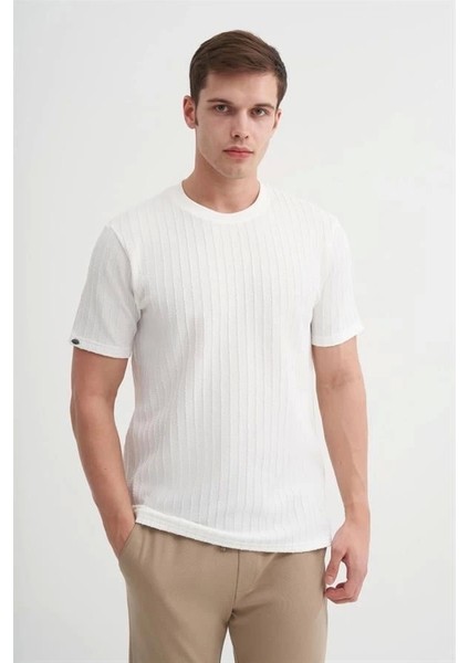 4051 Bisiklet Yaka Desenli Erkek T-Shirt Beyaz
