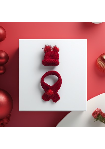 Hamster Için Ponponlu Kırmızı Atkı ve Bere Takım