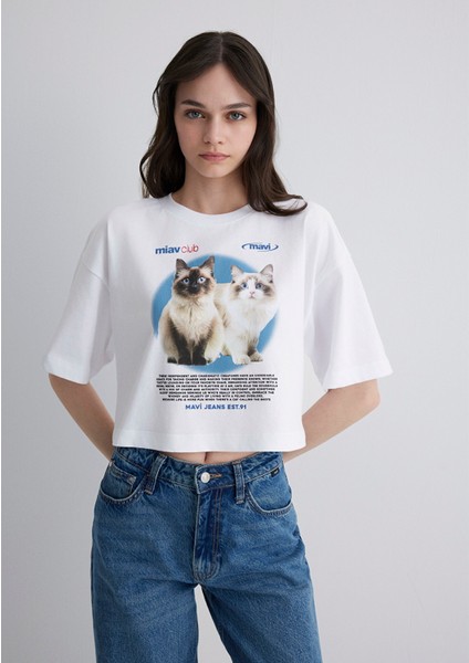 Kedi Baskılı Beyaz Tişört 1613098-620 modelleri